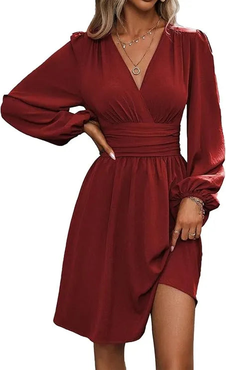 Vestido de Invitada de Boda Corto  Elegante Manga Corta con Fruncido