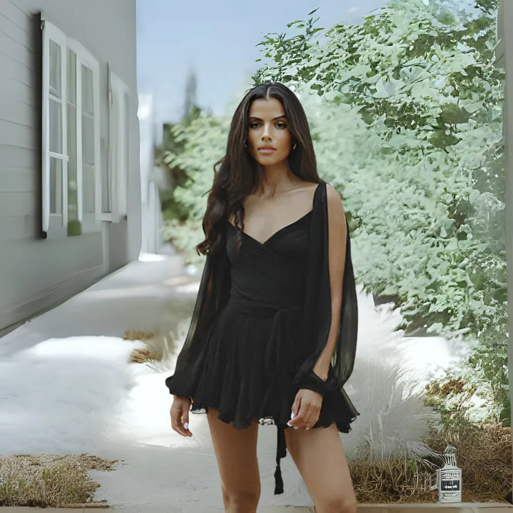 Vestido de Invitada de Boda Corto Elegante Romántico con Volantes