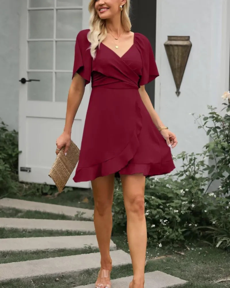 Vestido de Invitada de Boda Corto Elegante Volantes con Manga Corta