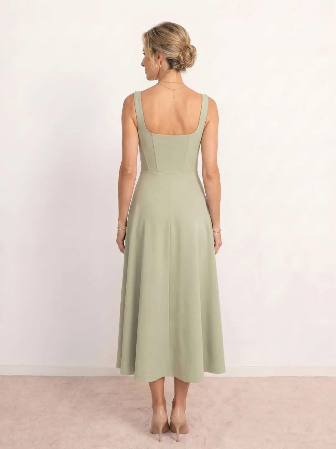 Vestido de Invitada de Boda Midi Elegante Fluido con Escote Cuadrado