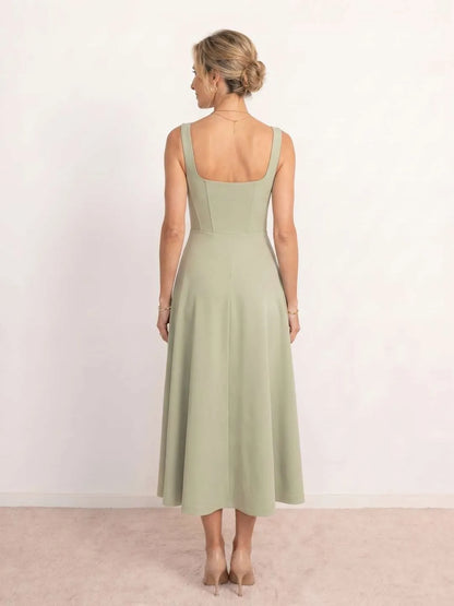 Vestido de Invitada de Boda Midi Elegante Fluido con Escote Cuadrado