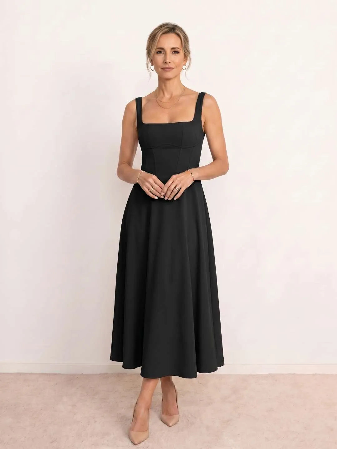 Vestido de Invitada de Boda Midi Elegante Fluido con Escote Cuadrado