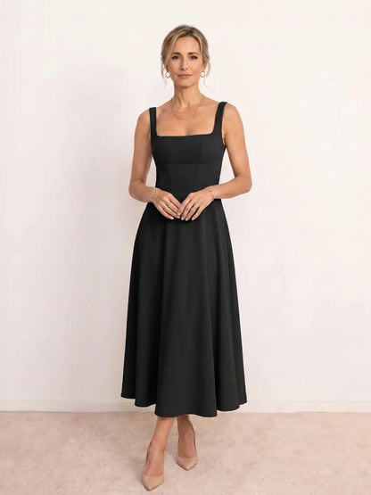 Vestido de Invitada de Boda Midi Elegante Fluido con Escote Cuadrado