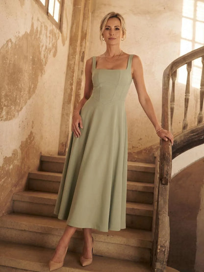 Vestido de Invitada de Boda Midi Elegante Fluido con Escote Cuadrado