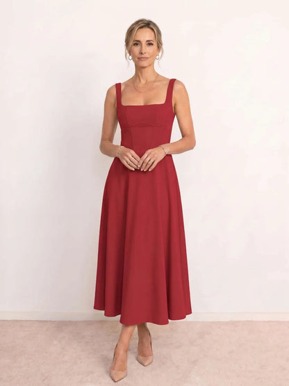 Vestido de Invitada de Boda Midi Elegante Fluido con Escote Cuadrado