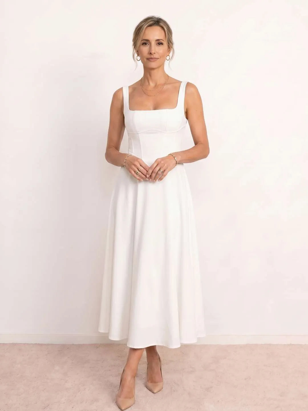 Vestido de Invitada de Boda Midi Elegante Fluido con Escote Cuadrado