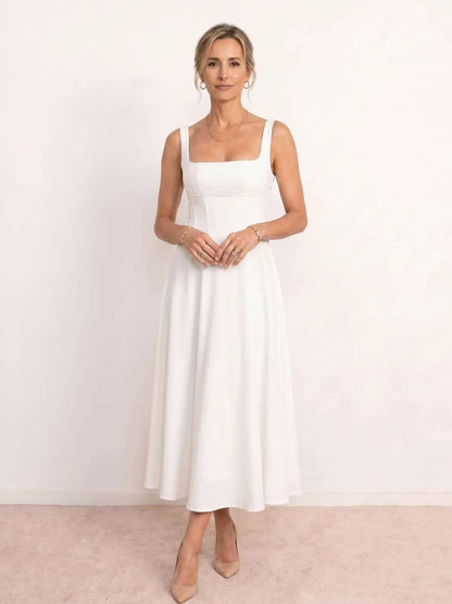 Vestido de Invitada de Boda Midi Elegante Fluido con Escote Cuadrado
