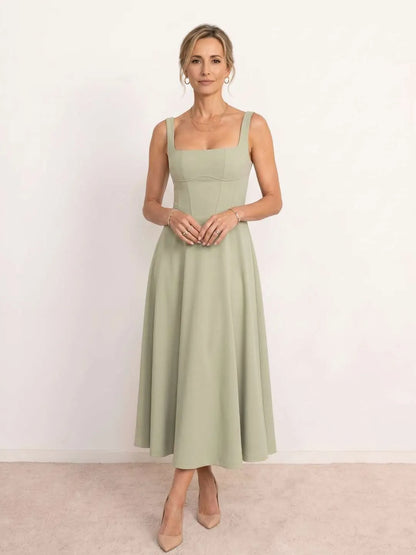 Vestido de Invitada de Boda Midi Elegante Fluido con Escote Cuadrado