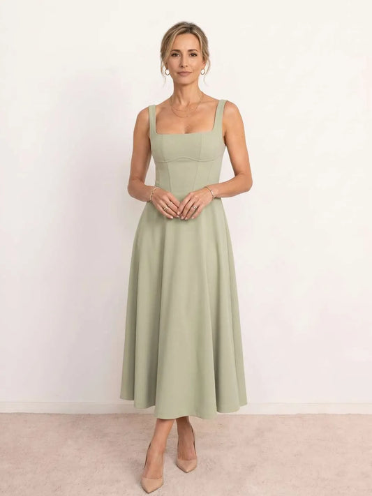 Vestido de Invitada de Boda Midi Elegante Fluido con Escote Cuadrado