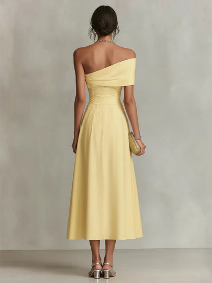 Vestido de Invitada de Boda Largo Amarillo Elegante con Asimétrico
