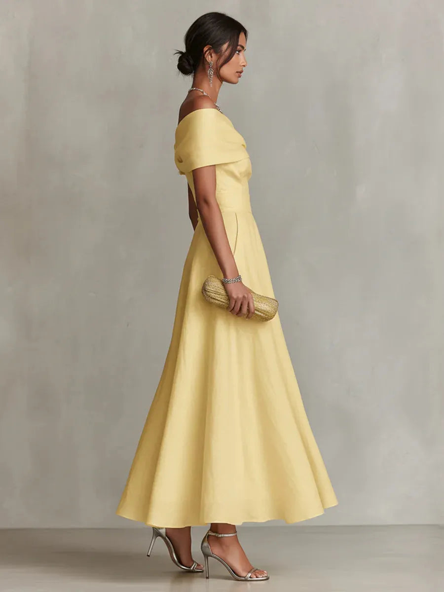 Vestido de Invitada de Boda Largo Amarillo Elegante con Asimétrico