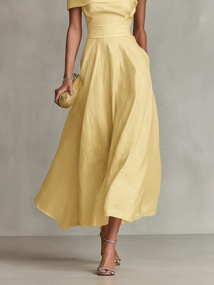 Vestido de Invitada de Boda Largo Amarillo Elegante con Asimétrico