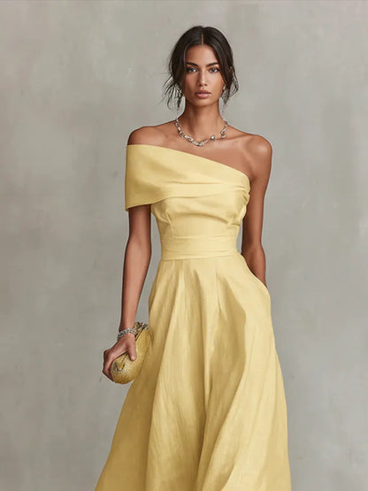 Vestido de Invitada de Boda Largo Amarillo Elegante con Asimétrico