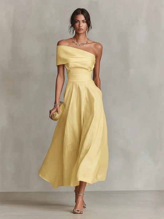 Vestido de Invitada de Boda Largo Amarillo Elegante con Asimétrico