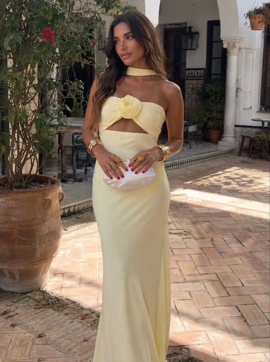 Vestido de Invitada de Boda Largo Amarillo Elegante con Cut Out