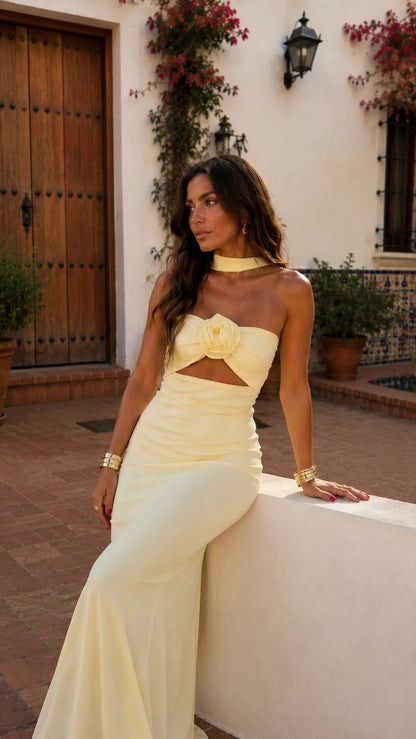 Vestido de Invitada de Boda Largo Amarillo Elegante con Cut Out