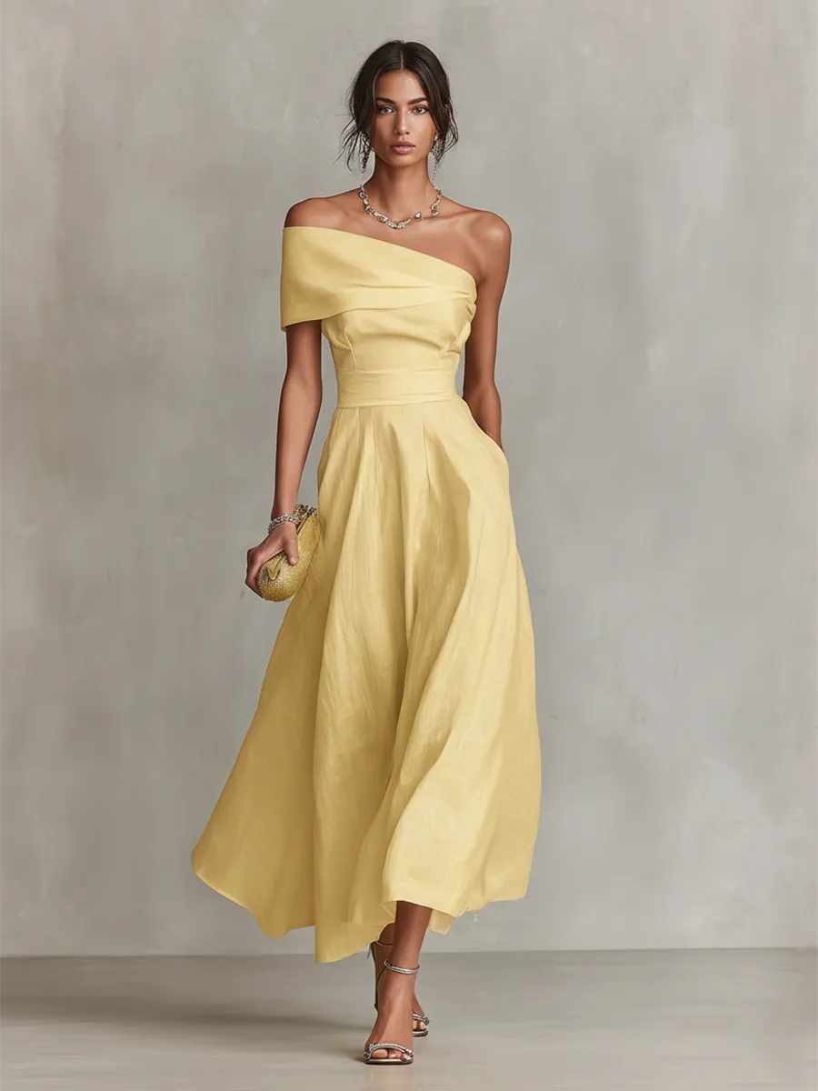 Vestido de Invitada de Boda Largo Amarillo Elegante con Hombros Descubiertos