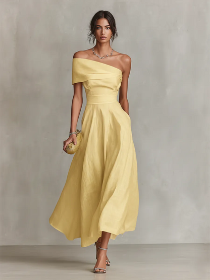 Vestido de Invitada de Boda Largo Amarillo Elegante con Hombros Descubiertos