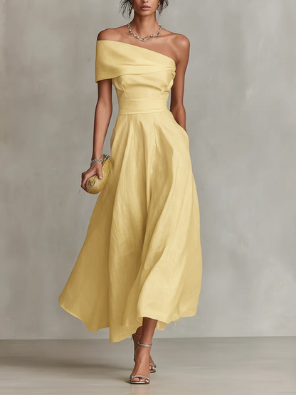 Vestido de Invitada de Boda Largo Amarillo Elegante con Hombros Descubiertos