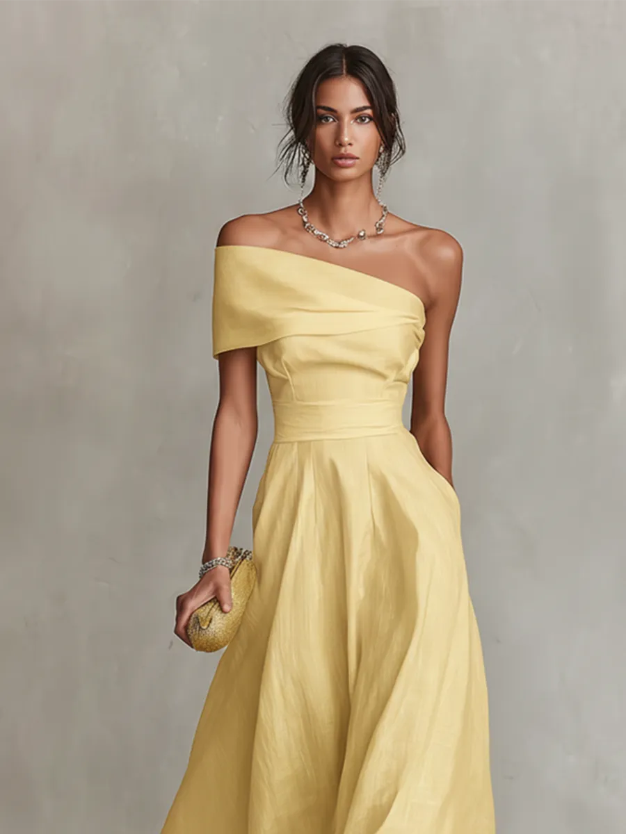 Vestido de Invitada de Boda Largo Amarillo Elegante con Hombros Descubiertos