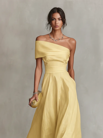 Vestido de Invitada de Boda Largo Amarillo Elegante con Hombros Descubiertos