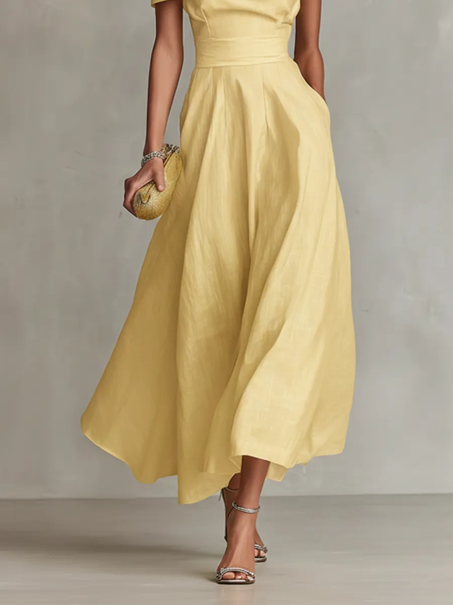 Vestido de Invitada de Boda Largo Amarillo Elegante con Hombros Descubiertos