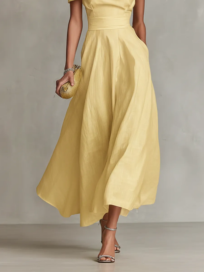 Vestido de Invitada de Boda Largo Amarillo Elegante con Hombros Descubiertos