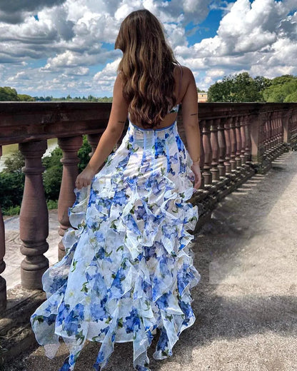 Vestido de Invitada de Boda Largo Blanco de Flores con Volantes