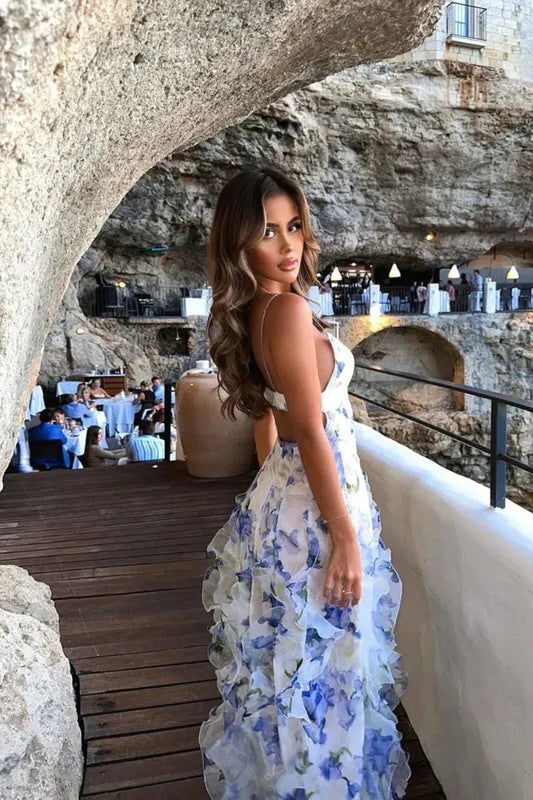 Vestido de Invitada de Boda Largo Blanco de Flores con Volantes