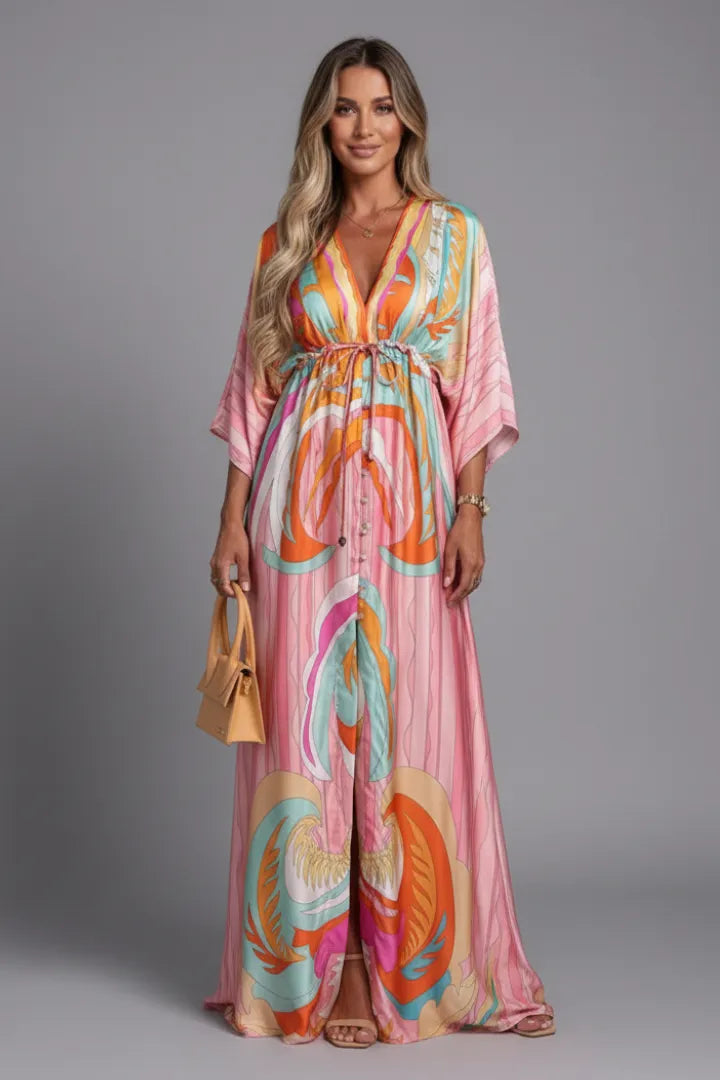 Vestido de Invitada de Boda Largo Boho Elegante con Cuello en V