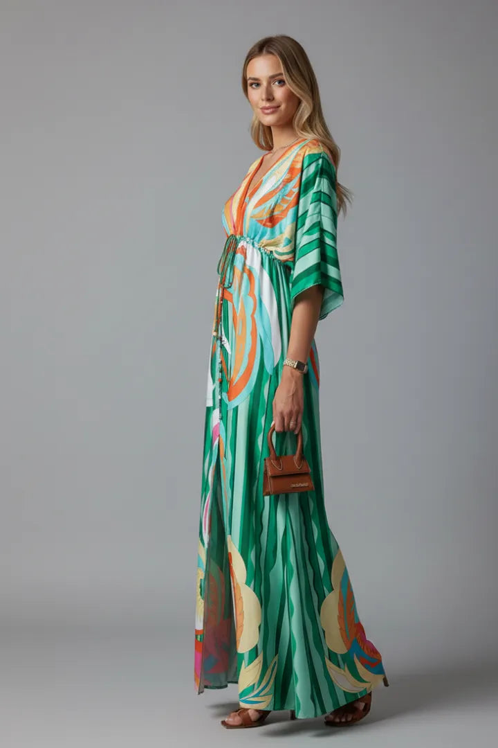 Vestido de Invitada de Boda Largo Boho Elegante con Cuello en V