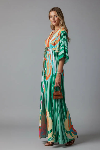 Vestido de Invitada de Boda Largo Boho Elegante con Cuello en V