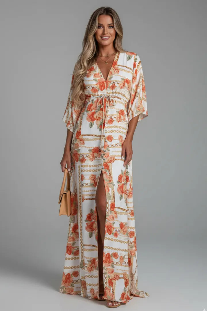 Vestido de Invitada de Boda Largo Boho Elegante con Cuello en V
