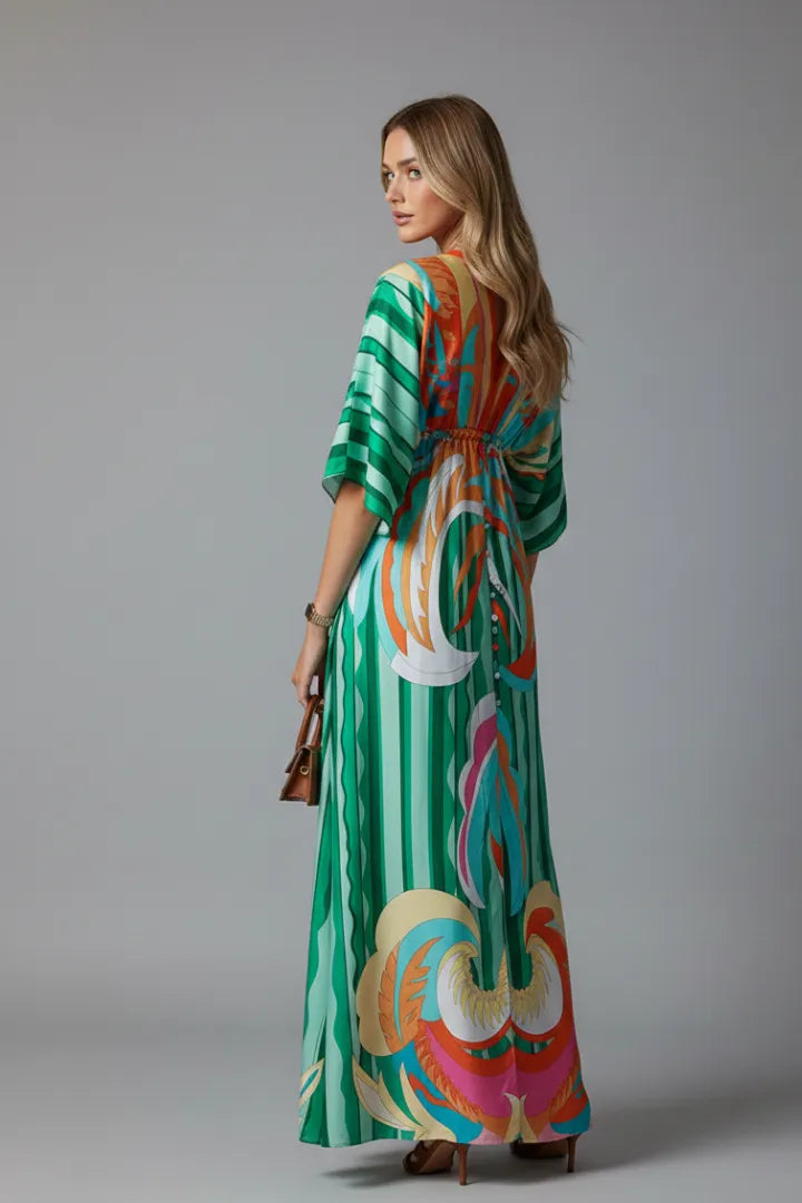 Vestido de Invitada de Boda Largo Boho Elegante con Cuello en V
