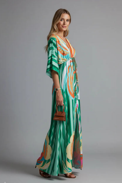 Vestido de Invitada de Boda Largo Boho Elegante con Cuello en V