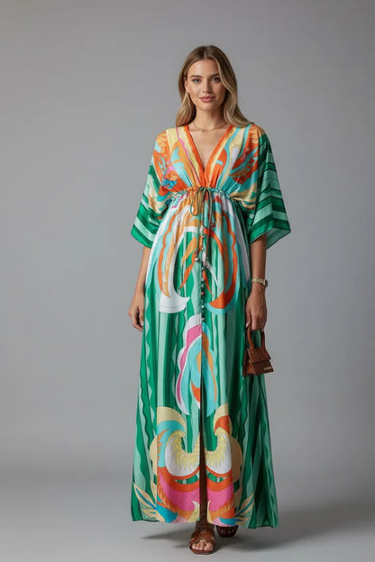 Vestido de Invitada de Boda Largo Boho Elegante con Cuello en V