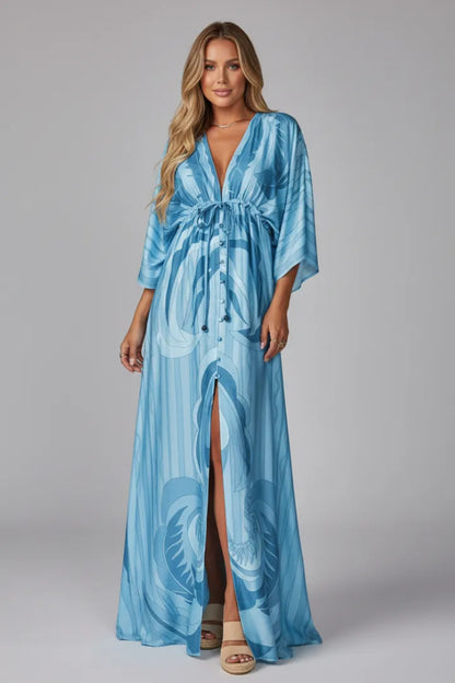 Vestido de Invitada de Boda Largo Boho Elegante con Cuello en V