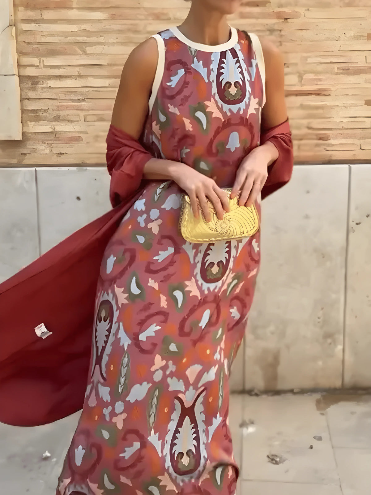 Vestido de Invitada de Boda Largo Boho Estampado con Capa