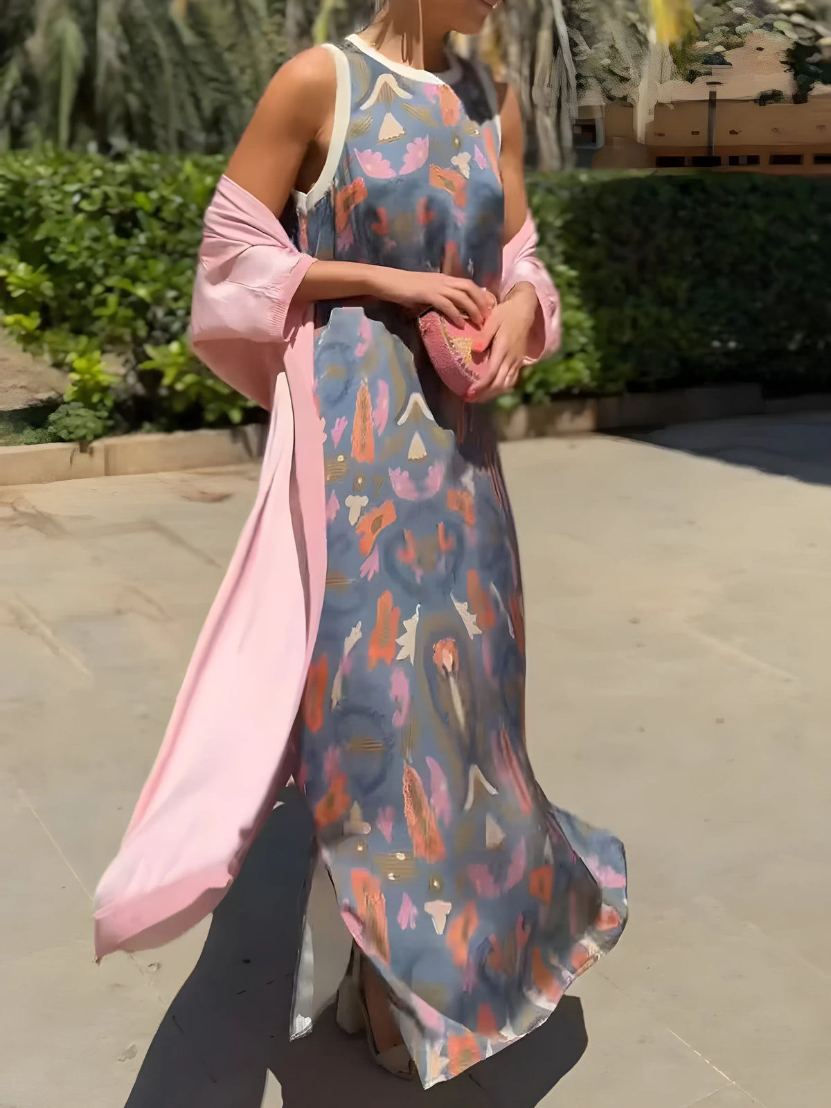 Vestido de Invitada de Boda Largo Boho Estampado con Capa