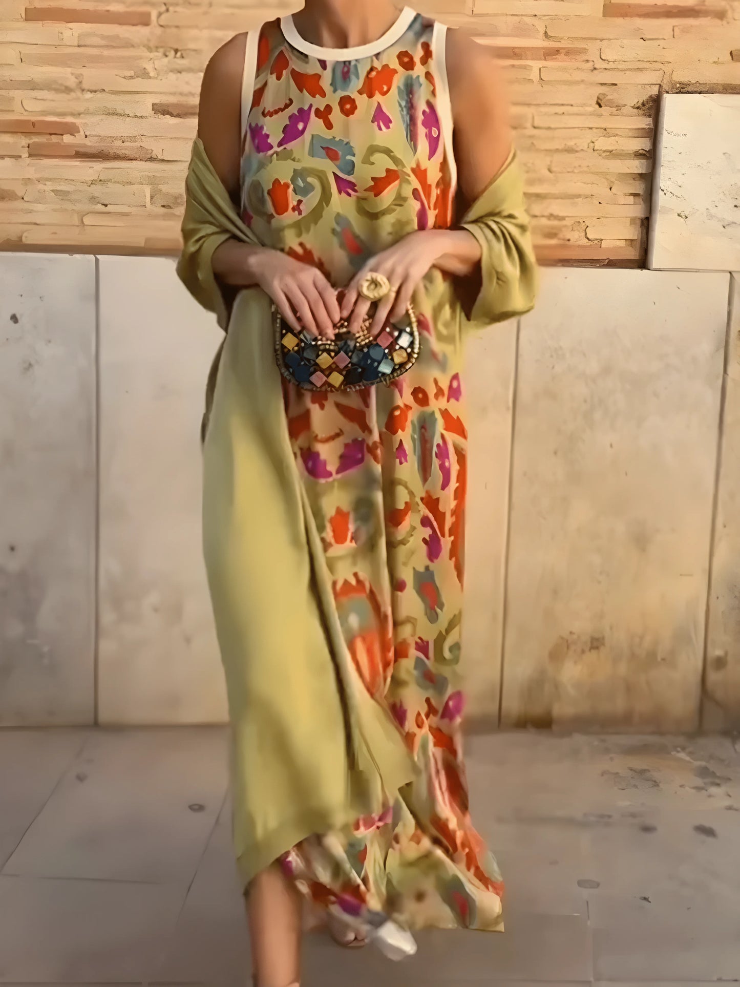 Vestido de Invitada de Boda Largo Boho Estampado con Capa