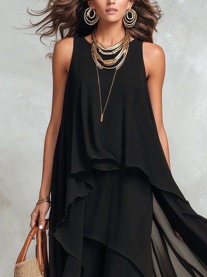 Vestido de Invitada de Boda Largo Boho Negro con Drapeado