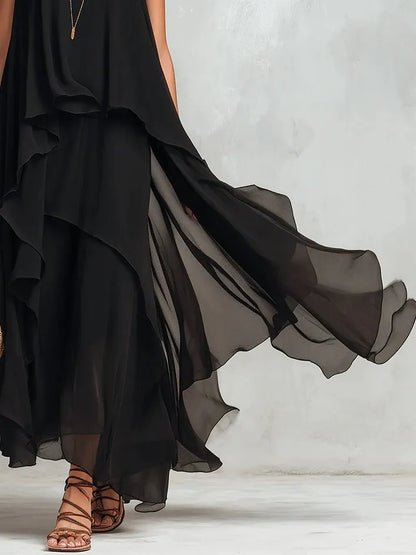 Vestido de Invitada de Boda Largo Boho Negro con Drapeado