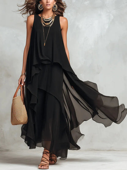 Vestido de Invitada de Boda Largo Boho Negro con Drapeado