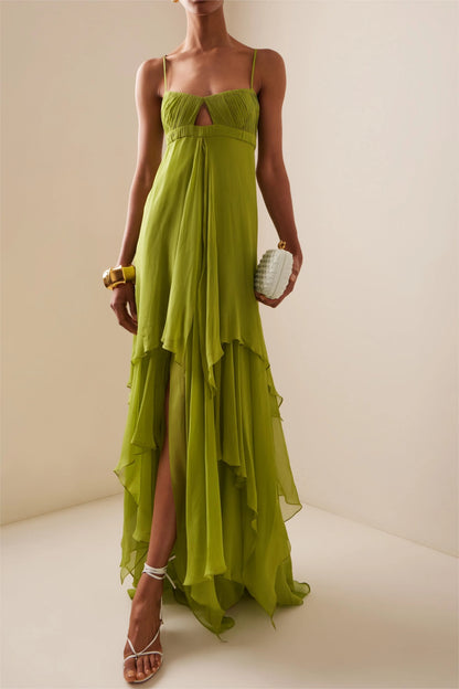 Vestido de Invitada de Boda Largo Boho Volantes con Cut Out