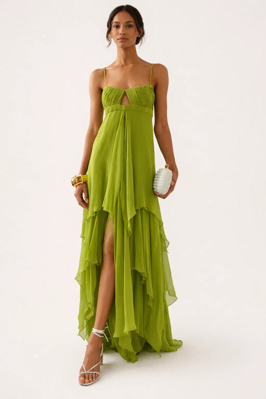 Vestido de Invitada de Boda Largo Boho Volantes con Cut Out