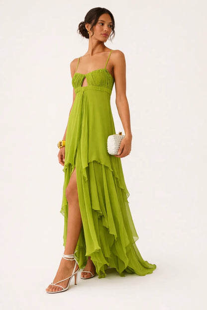 Vestido de Invitada de Boda Largo Boho Volantes con Cut Out
