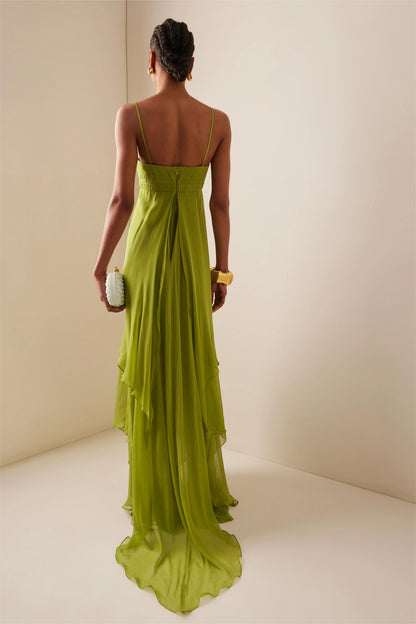 Vestido de Invitada de Boda Largo Boho Volantes con Cut Out