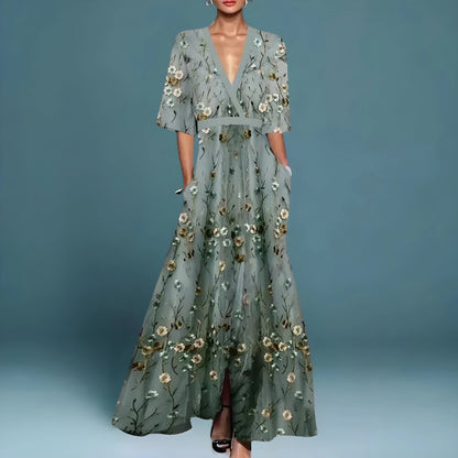 Vestido de Invitada de Boda Largo Boho de Flores con Escote en V