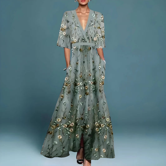 Vestido de Invitada de Boda Largo Boho de Flores con Escote en V