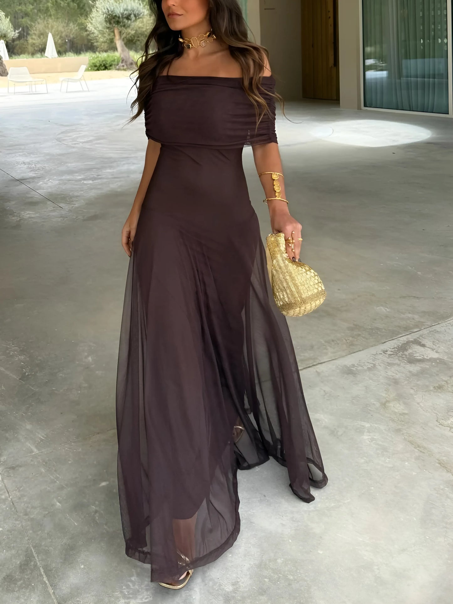 Vestido de Invitada de Boda Largo Casual Elegante con Hombros Descubiertos